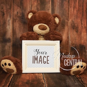 Empty Blank Frame Nursery Stock Styled Photography - Giant Stuffed Animal Teddy Bear on Wood Background, Product Mockup - Photo Mock Up