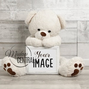 Nursery Teddy Bear Frame Poster Mockup, Giant Stuffed Animal Holding Frame on Wood Background, Photography Product Mockup