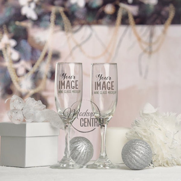 Christmas Wedding Wine Glass Mockup Photo - Styled Stock Photography - Couple Pair Stemmed Glasses Design Mock Up, JPG Digital Download