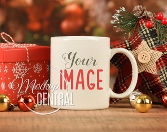 Blank White Christmas Coffee Glass Cup Mockup - Styled Stock Photography, Winter Mug Photo Graphic Design Mock Up, JPG Digital Download