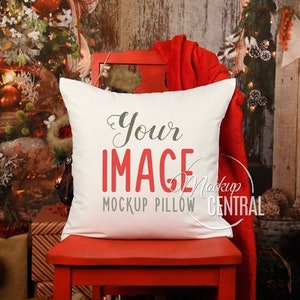 Blank White Square Mockup Christmas Pillow, Festive Chair Photo Mock Up, Mockup Throw Pillow, Styled Stock Photography, JPG Instant Download