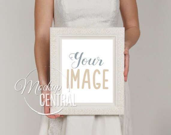 Bride Holding Blank White Wedding Wood Frame Mockup Stock