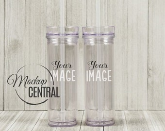 Clear Blank Tall Skinny Tumblers Set, 16 oz Cup Mockup Stock Photography on Wood Tabletop, Mock Up Photo for Couple, JPG Digital Download