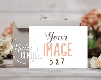 Download Free Blank White Floral Invitation 5 x 7 Card Mockup Design, Rustic Background Flowers, Stock Photo Mock Up, A7 Stationery Template, JPG Download PSD Template