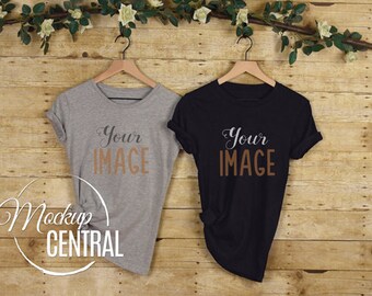 Download Woman S Blank Gray And Black T Shirt Apparel Mockups Girl S Fashion Design Jpg Stock Photography On Hanger Mockup Shirts Wood Background Download Mockup Psd Graphic Resource