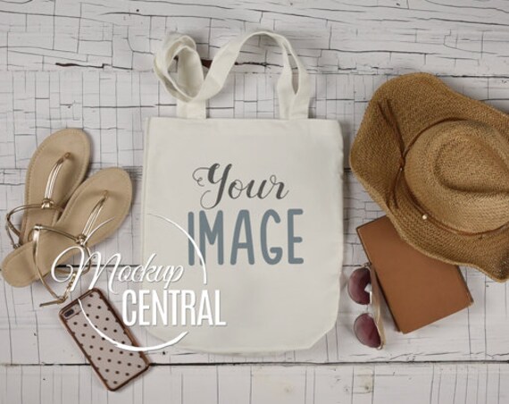Blank White Canvas Tote Bag Mockup Summer Beach Shopping