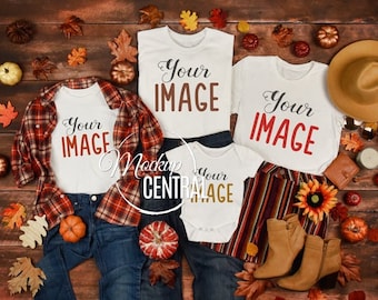 Fall Family T-Shirt Mockup Photo, Blank White Styled Stock Photography, Halloween Mock Up Shirts, Top View Flat Lay, JPG Template