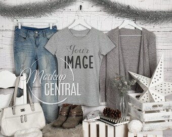 Download Free Blank Gray Woman's T-Shirt Christmas Winter Apparel Mockup, Stock Photography Mock Up Shirt on Hanger, Rustic Wood Background, JPG Download PSD Template