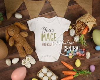 Download Free Baby White Blank Easter Bodysuit Mockup, Infant One Piece Stock Photography Mock up, Flat Top View on Wood Background, JPG Download PSD Template