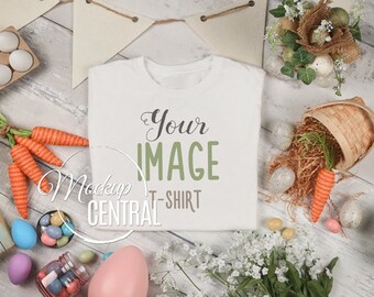 Crew Neck Blank White T-Shirt Apparel Easter Mockup Top View, Fashion Styled Stock Photography, Folded Mock Up Shirt Background JPG Download