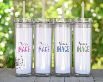 Clear Tall 16 oz Skinny Tumblers Mockup Party Set of 4, Spring Cup Mock up Stock Photography on Wood Tabletop, JPG Photo Digital Download