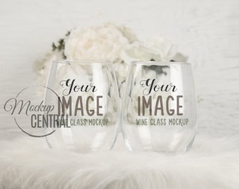 Clear Couple Wedding Stemless Wine Glass Mockup - Styled Stock Photography - Two Glasses Photo Design Mock Up, JPG Digital Download