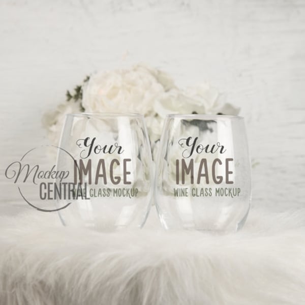 Clear Couple Wedding Stemless Wine Glass Mockup - Styled Stock Photography - Two Glasses Photo Design Mock Up, JPG Digital Download