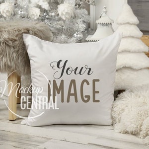 Blank White Square Mockup Christmas Pillow, Festive Chair Photo Mock Up, Mockup Throw Pillow, Styled Stock Photography, JPG Instant Download