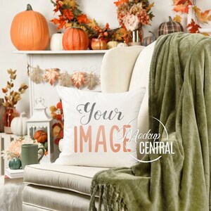 Halloween Fall Square Mockup Pillow, Living Room Chair Photo Mock Up, Blank White Throw Pillow, Styled Stock Photography, JPG Download