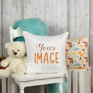 Blank White Square Child Baby Nursery Mockup Pillow, Bedroom Photo Mock Up, Mockup Throw Pillow, Styled Stock Photography, JPG Download