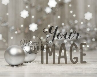 Kerst tabel product achtergrond mockup-zilver wit gestyled Stock Fotografie, winter foto grafisch ontwerp mock up, JPG digitale download