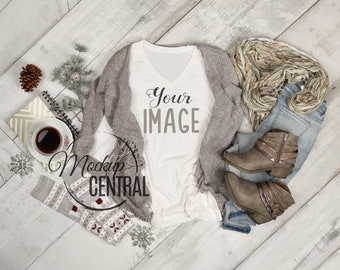 Download Free Women S V Neck Blank White T Shirt Apparel Winter Mockup Top View Fashion Styled Christmas Mock Up Shirt Photography Jpg Download T Shirt Mock Up Design Psd File PSD Mockup Template