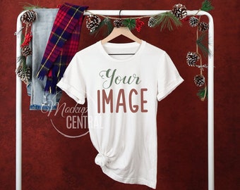 Festive Woman's T-Shirt Christmas Winter Apparel Mockup, Stock Photography Blank White Mock Up Shirt on Hanger, Red Background, JPG