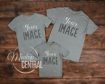 Download Free Matching Family Blank Gray T-Shirt & Youth Child Shirt Mockup, Stock Photography Grey Mock Up Shirts, Top View Wood Background, JPG Template PSD Template