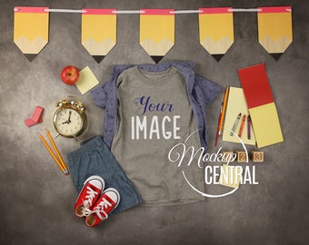 Download Free Blank Gray Youth Child Toddler School T-Shirt Mockup, Graduation Clothing Styled Stock Photography, Flat Grey Mock Up Shirt, Top View JPG PSD Template