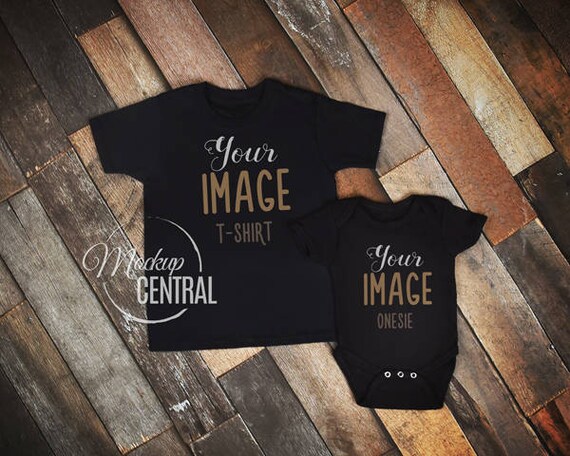 Download Free Free Matching Blank Black T Shirt And Baby One Piece Design Psd PSD Mockup Template