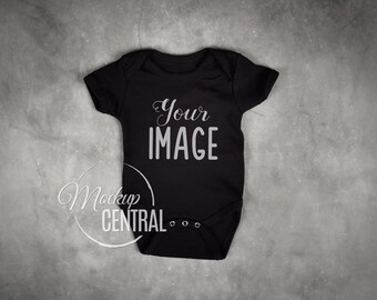 Download Free Blank Black Baby One Piece Mockup, Fashion Design Styled Stock Photography, Baby Flat Mock up, Top View on Chalkboard Texture - JPG Download PSD Template