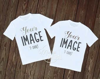 Download Free Matching Couple Twin Blank White T-Shirts Clothing Design Mockup, Stock Photography, Mock Up Shirt, Top View Wood Background, JPG Template PSD Template