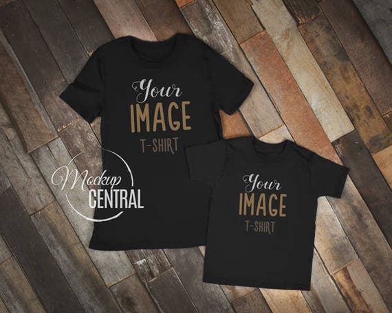 Matching Blank Black T-Shirt And Baby Onsie Design Mockup Matching Blank Black T-Shirt And Baby Onsie Design Mockup