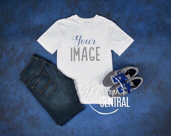 Download Free Blank White T-Shirt Apparel Mockup, Man's Design Styled Stock Photography, Men's Flat Lay Mock Up Shirt, Top View Background - JPG Download PSD Template