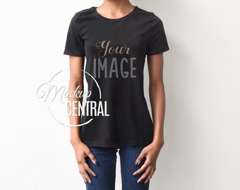 Download African American Woman's Black Crew Neck T-Shirt Apparel Mockup, Fashion Clothing Stock ...