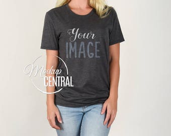 Download Free Blank Heather Gray Woman's T-Shirt Apparel Mockup, Fashion Design Stock Photography, Grey Mock Up Shirt, White Background - Women's TShirt PSD Template