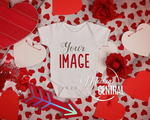Blank White Baby Valentine Bodysuit Mockup Infant One Piece