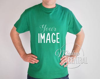 Download Free Blank Green Man's T-Shirt Apparel Mockup, Fashion Design Stock Photography, Mock Up Model Shirt on White Background - Men's T-Shirt PSD Template