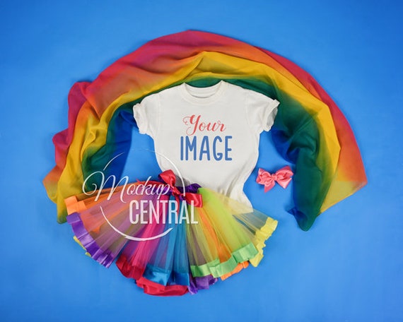 Girls Rainbow Blank White T-Shirt Mockup Childrens Fashion Clothing Girls Rainbow Blank White T-Shirt Mockup Childrens Fashion Clothing