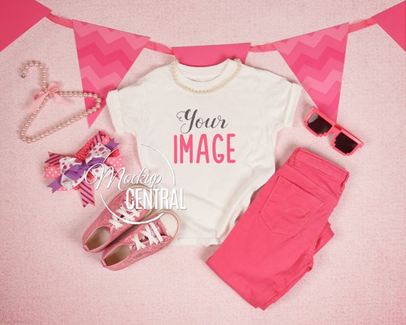 Blank Girls White T-Shirt Mockup Childrens Pink Design Styled Blank Girls White T-Shirt Mockup Childrens Pink Design Styled