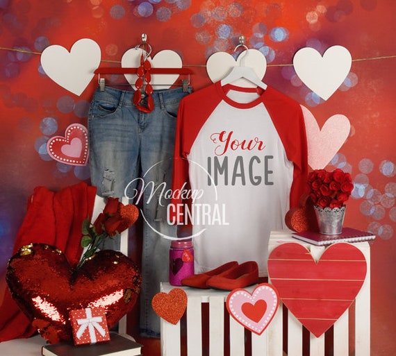 Blank Raglan T-Shirt Valentines Day Apparel Mockup Love Stock
