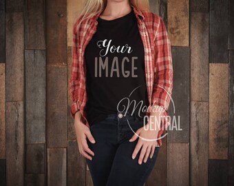 Blank Hipster Women's Black T-Shirt Apparel Mockup, Fashion Styled Stock Photography, Girl's Mock Up Shirt, Wood Background, JPG Download