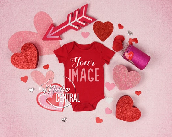 Blank Red Baby Valentine Bodysuit Mockup Infant One Piece Blank Red Baby Valentine Bodysuit Mockup Infant One Piece