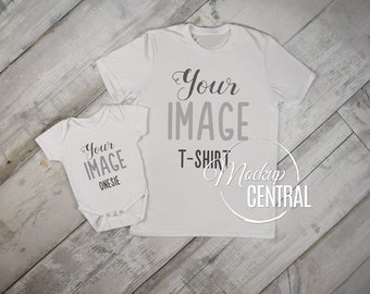 Matching Mom Or Dad Baby Blank White T Shirt And Onepiece Mockup Stock Photography Mock Up Shirts Top View Wood Background Jpg Template Free Mockup Template In Psd