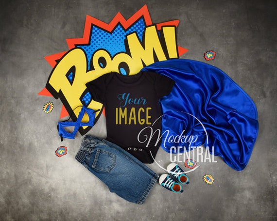 Superhero Blank Baby Black Onepiece Mockup Design Styled Stock