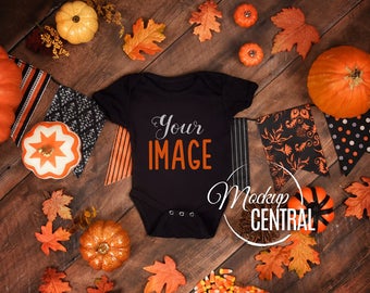 Blank Black Baby Fall Bodysuit Mockup, Halloween Design Styled Stock Photography, Baby Mock up, Flat Top View, Wood Background, JPG Download