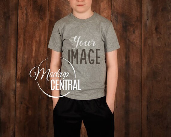 Blank Child Youth Boys Gray T-Shirt Apparel Mockup Kids