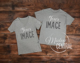 Download Free Twins, Couple, Friends Matching Blank Gray T-Shirt Apparel Mockup, Man & Woman Shirts, Flat Mock Up V-Neck Shirt, Top View on Wood, JPG PSD Template