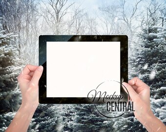 Download Blank Screen Ipad Tablet Computer With Outdoor Winter Snow Background Stock Photography Web Website Graphic Or Internet Design Mockup Free Psd Mockup PSD Mockup Templates