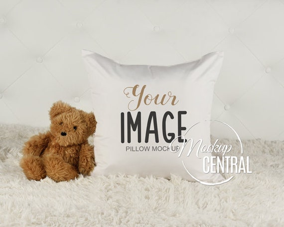 Download Free Childrens Blank White Square Mockup Pillow Bedroom Photo Mock PSD Mockup Template