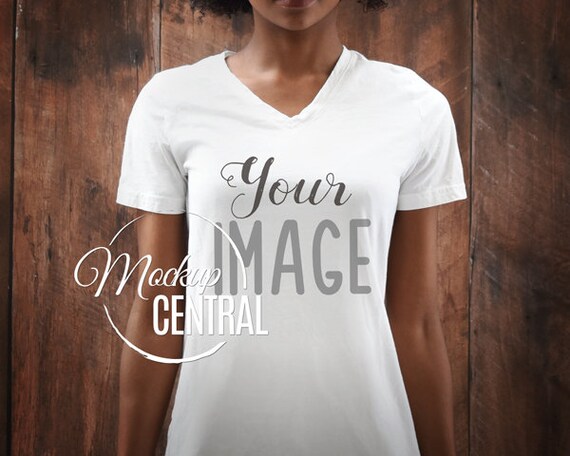 African American Womans White Vneck T-Shirt Apparel Mockup Fashion African American Womans White Vneck T-Shirt Apparel Mockup Fashion