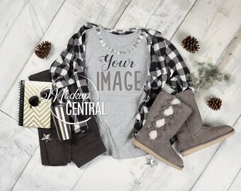 Download Free Women's Crew Neck Blank Gray T-Shirt Apparel Winter Mockup Top View, Fashion Styled Christmas Mock Up Plaid Shirt Photography, JPG Download PSD Template