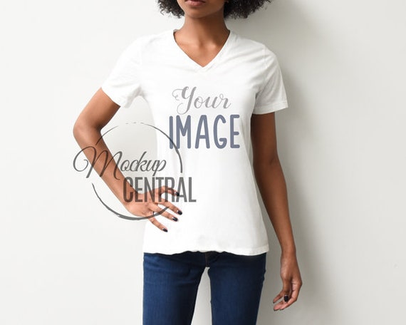 Download African American Womans White Vneck T Shirt Apparel Mockup Fashion All Free Psd T Shirt Mockups PSD Mockup Templates