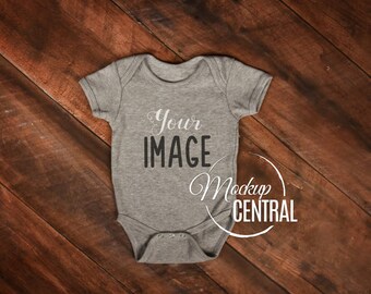 Blank Gray Baby Onepiece Mockup, Fashion Design Styled Stock Photography, Grey Mock up - Flat, Top View on Wood Background - JPG Download